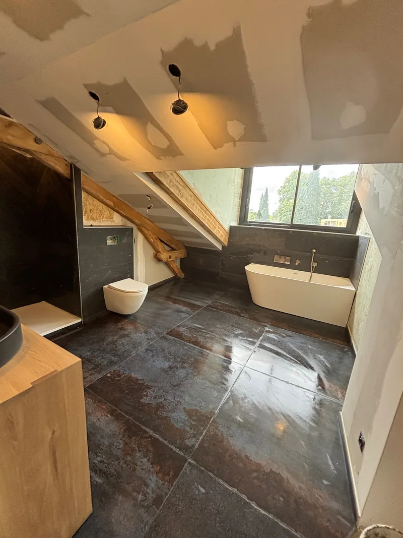 Salle de bain sous combles avec douche, baignoire et carrelage à Valence