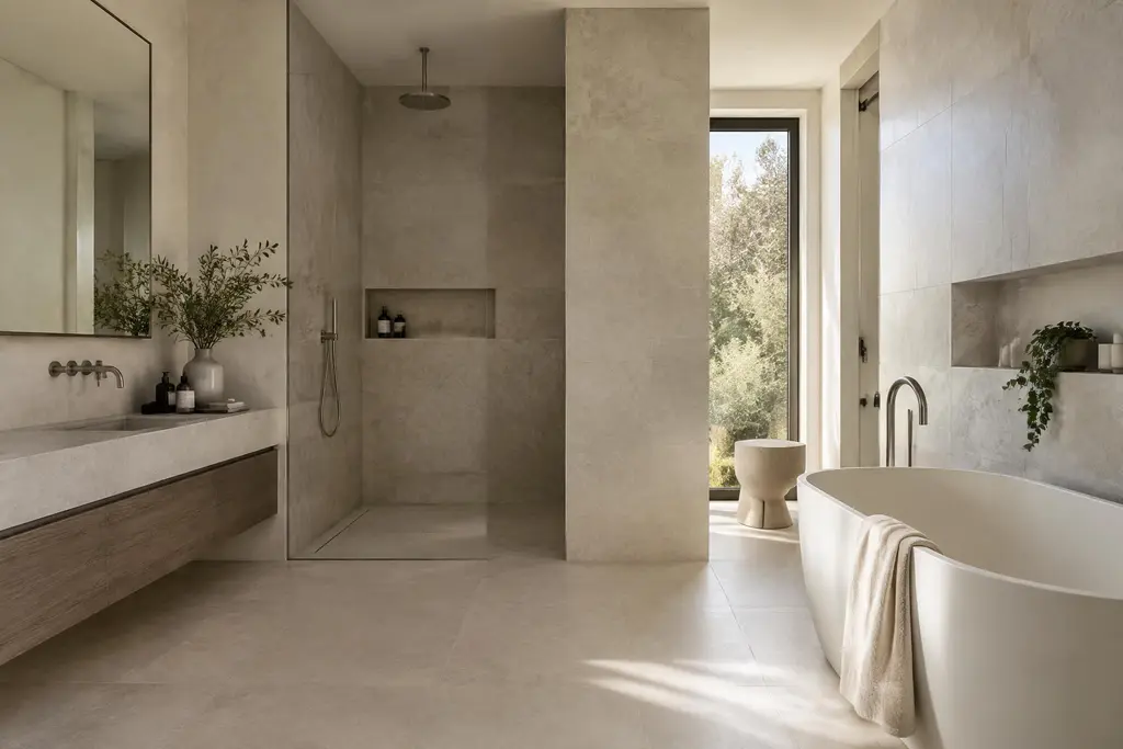 Salle de bain contemporaine carrelée en grès effet pierre avec douche à l'italienne
