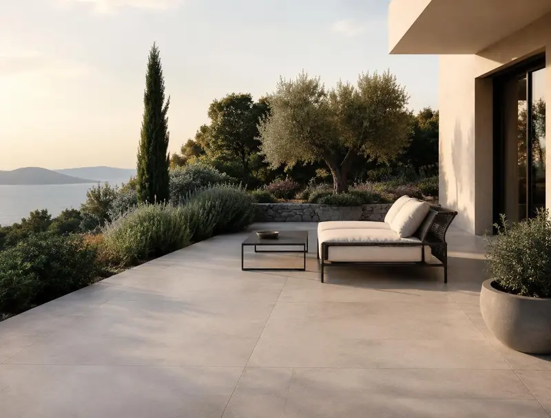 Terrasse extérieure en dallage de grès cérame